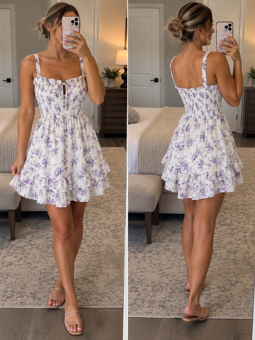 🌸 Scarlet Darkness White & Lavender Floral Smocked Mini Dress | Size Large | NW